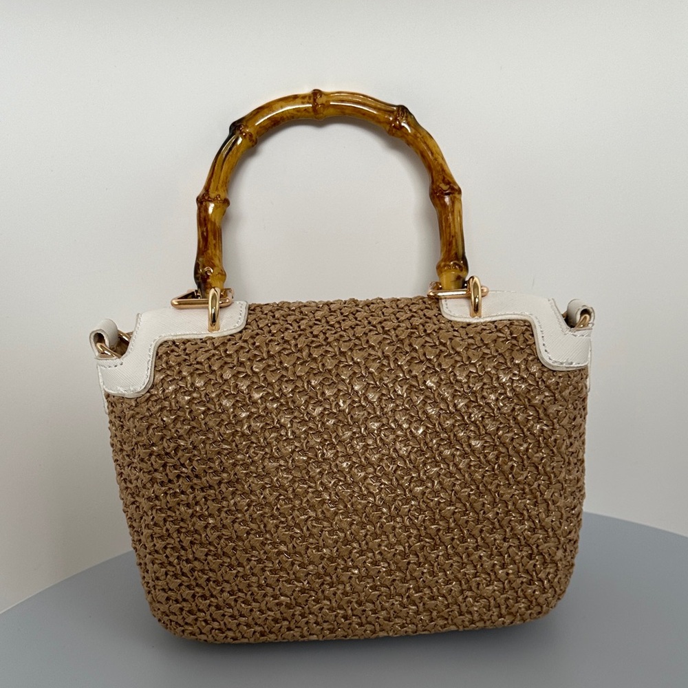 Studio F Chic Tan and White Satchel with Bamboo Handle - Picture 4 of 10